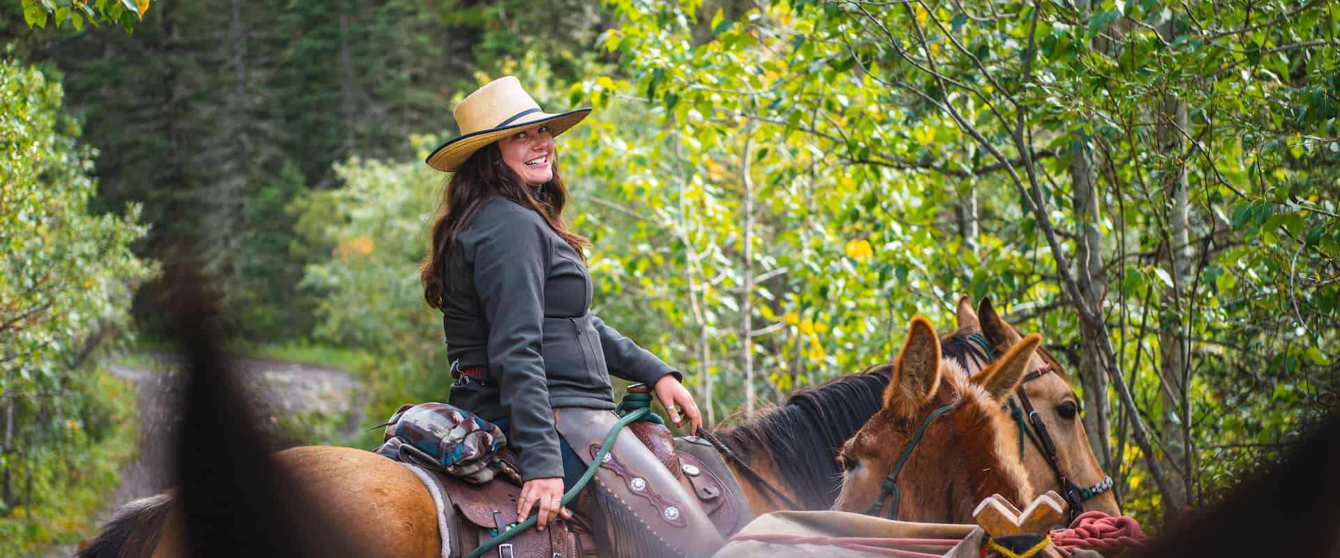 A young woman riding a horse, part of horse, front view in Banff